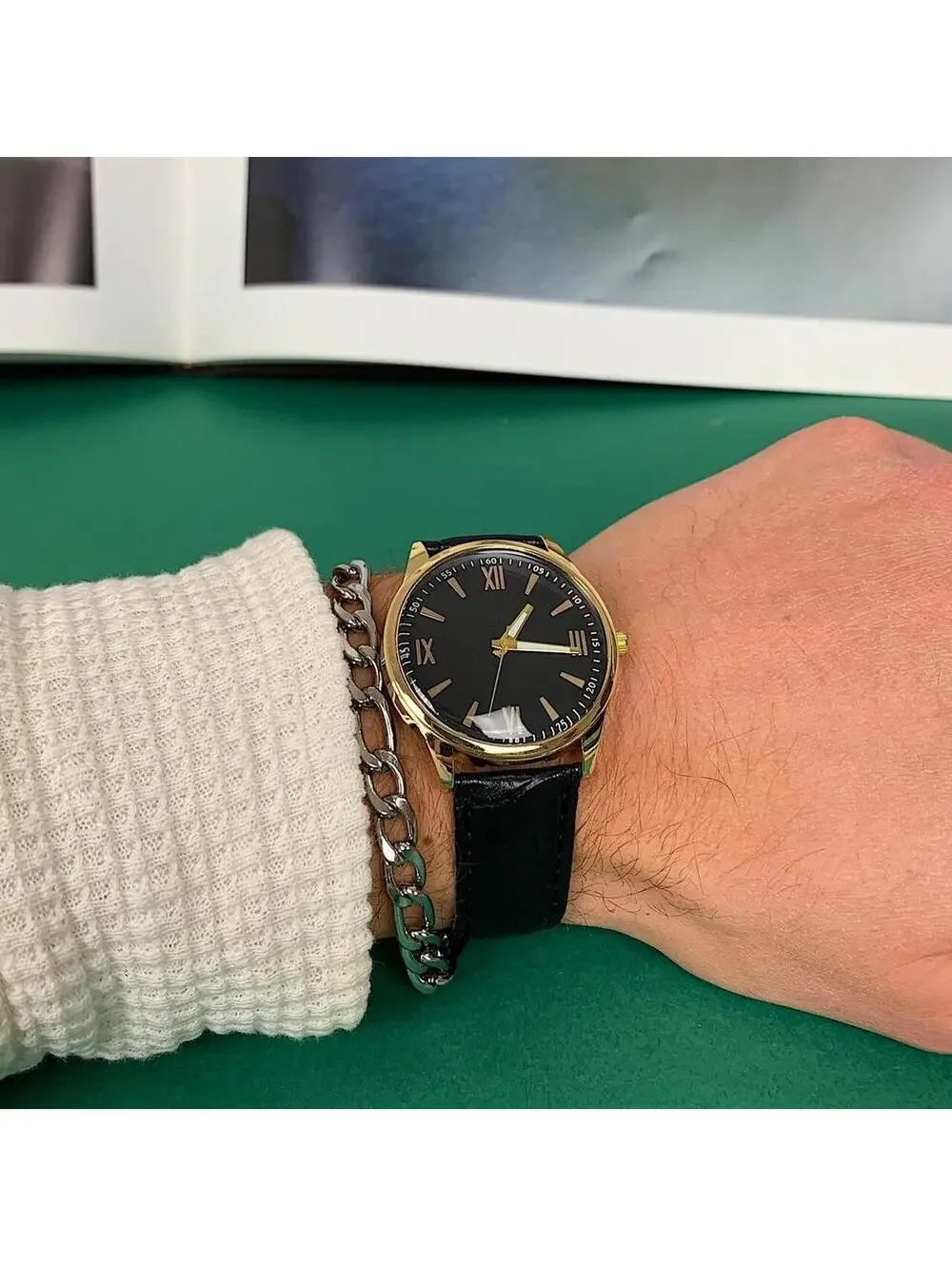 Minimalistic Black essential vintage style gold and leather style band watch. 9